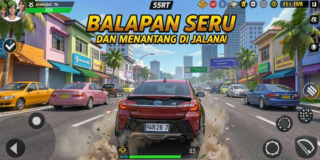 Screenshot utama 55RT menampilkan aksi balapan yang mendebarkan.