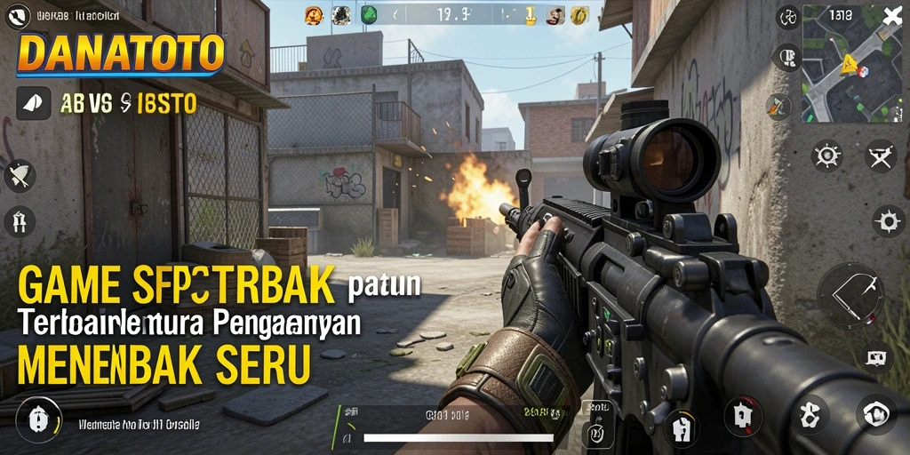 Screenshot utama DANATOTO menampilkan aksi menembak yang menegangkan.