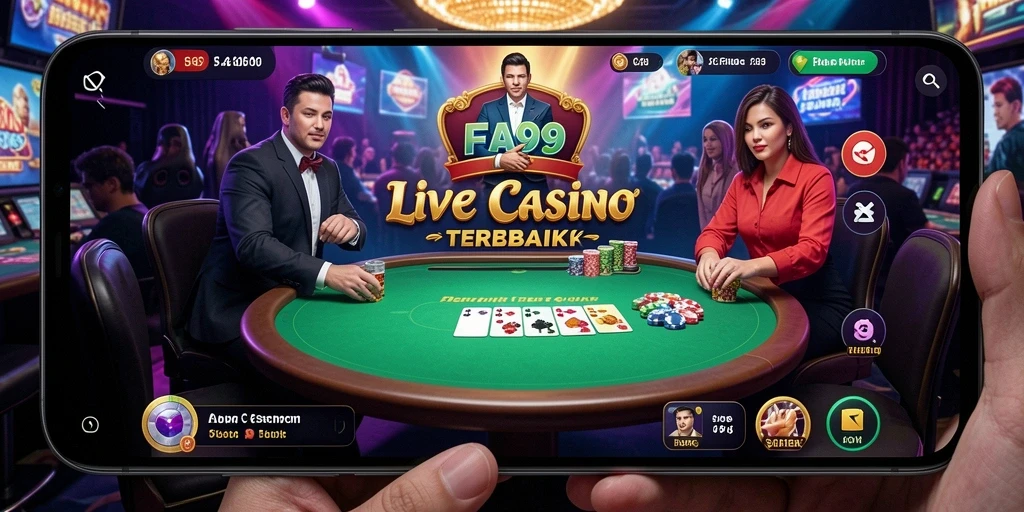 Screenshot utama FA99 menampilkan dealer langsung dan suasana kasino yang menyenangkan.