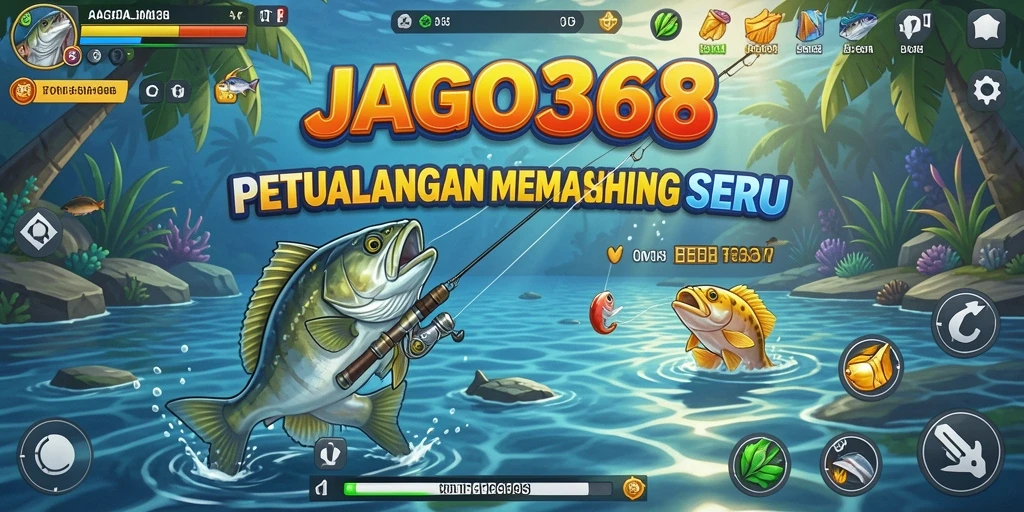Screenshot JAGO368 menampilkan pemain yang menangkap ikan besar di danau yang indah.