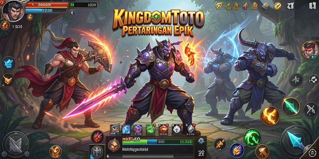 Screenshot gameplay <strong>KINGDOMTOTO</strong> menampilkan pertarungan epik antara dua karakter.