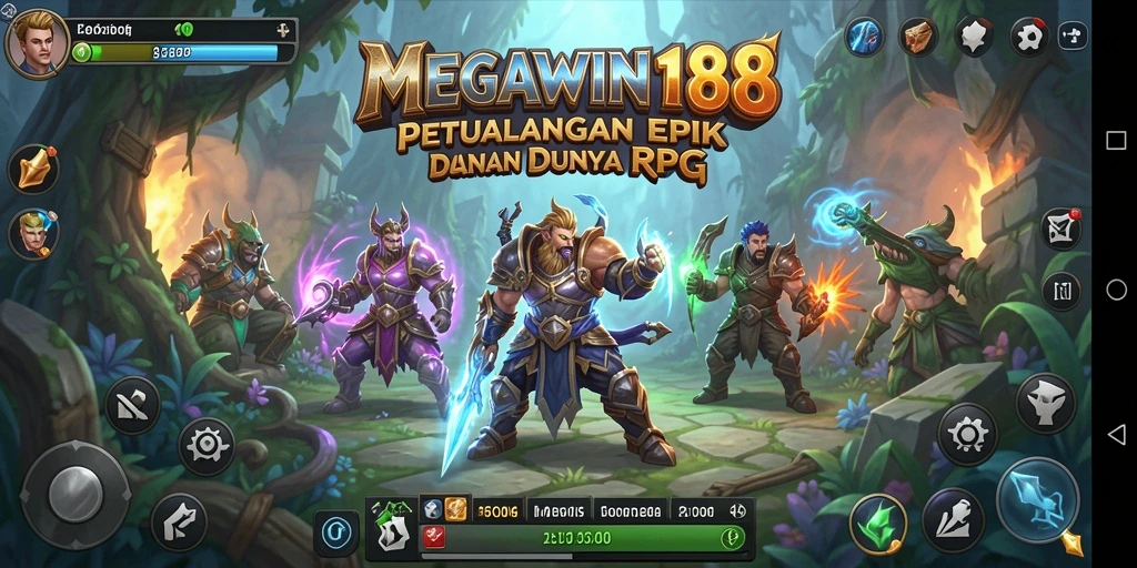 Screenshot gameplay MEGAWIN188 menampilkan pertarungan seru karakter RPG.