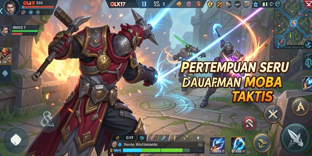 Tangkapan layar utama gameplay OLX17 yang menampilkan aksi pertarungan MOBA.
