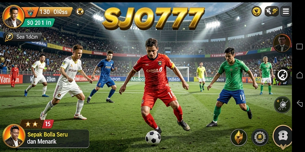 Screenshot gameplay SJO777 menunjukkan aksi sepak bola yang mendebarkan.