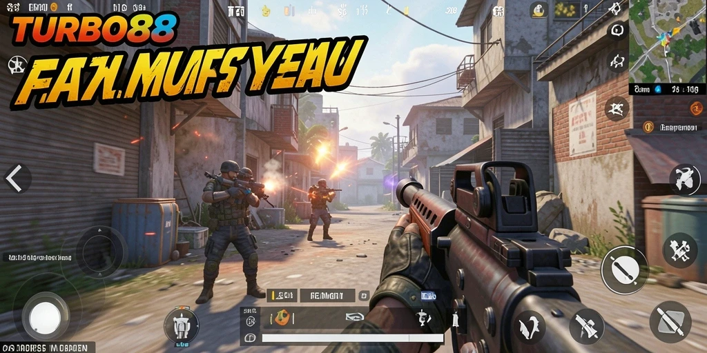 Tangkapan layar TURBO88 menampilkan aksi tembak-menembak yang mendebarkan dari perspektif FPS.